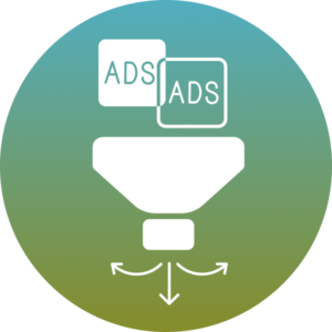 Icono de un embudo clasificando anuncios en función del canal.